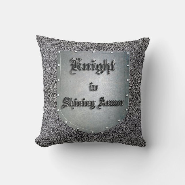 Medieval Knight in Shining Armor Shield Chainmail Throw Pillow (Front)