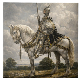 Medieval Knight on Horseback Retro Fantasy Art Ceramic Tile