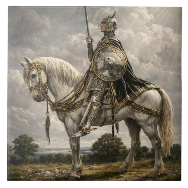 Medieval Knight on Horseback Retro Fantasy Art Ceramic Tile (Front)