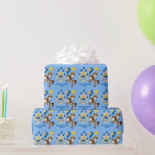 Medieval Knight Personalized Blue Boys Birthday Wrapping Paper