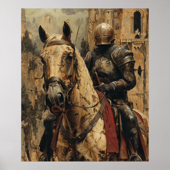 Medieval Knight Riding Horse Illustration Poster (Front)