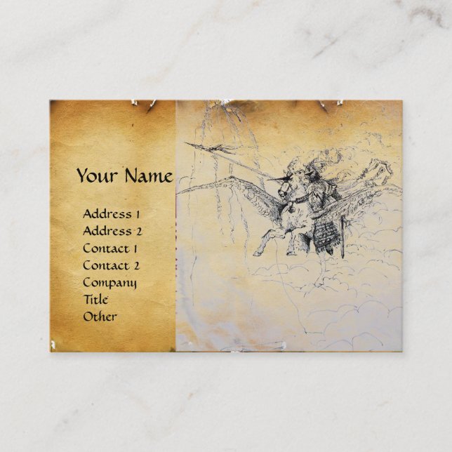 MEDIEVAL KNIGHT RIDING ON PEGASUS Parchment Business Card (Front)