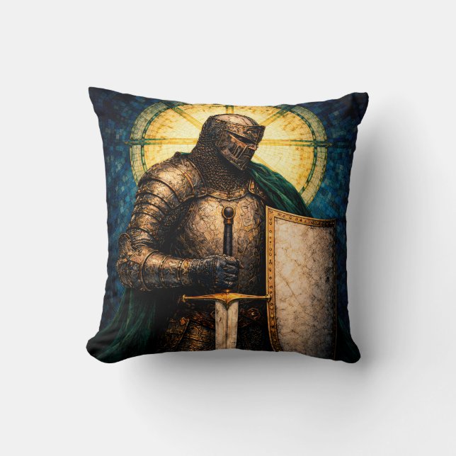 Medieval Knight Stained Glass Art Throw Pillow (Front)