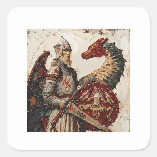 Medieval Knight with a Dragon Square Sticker (Front)