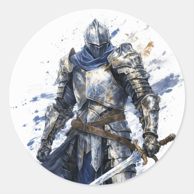 Medieval Knight with Blue Cape Classic Round Sticker (Front)