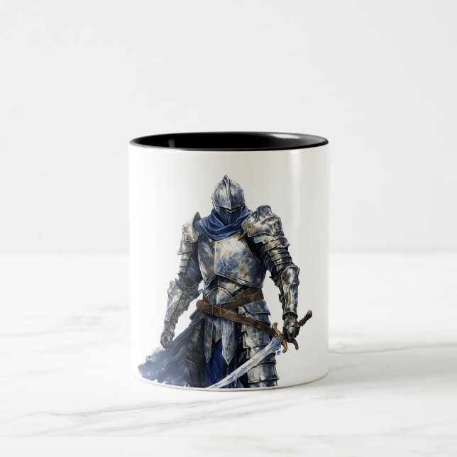 Medieval Knight with Blue Cape Two-Tone Coffee Mug (Center)
