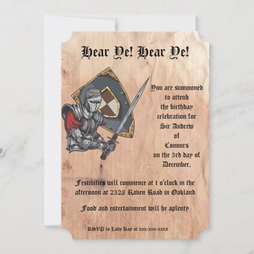 Medieval Knight With Sword and Shield Birthday Invitation