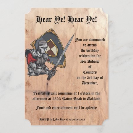 Medieval Knight With Sword And Shield Birthday Invitation