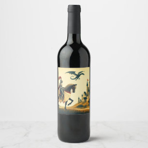 Medieval Knight & wyvern castle fantasy Wine Label