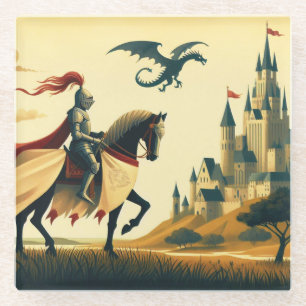 Medieval Knight/wyvern/castle fantsy Glass Coaster