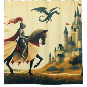 Medieval Knight & wyvern fantasy castle Shower Curtain