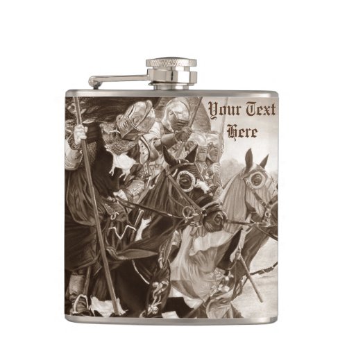 medieval knights jousting on horses art hip flask