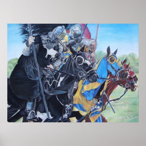 medieval knights jousting on horses historic art poster