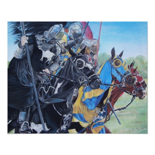 medieval knights jousting on horses historic art poster