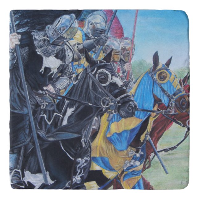 medieval knights jousting on horses historic art trivet (Front)