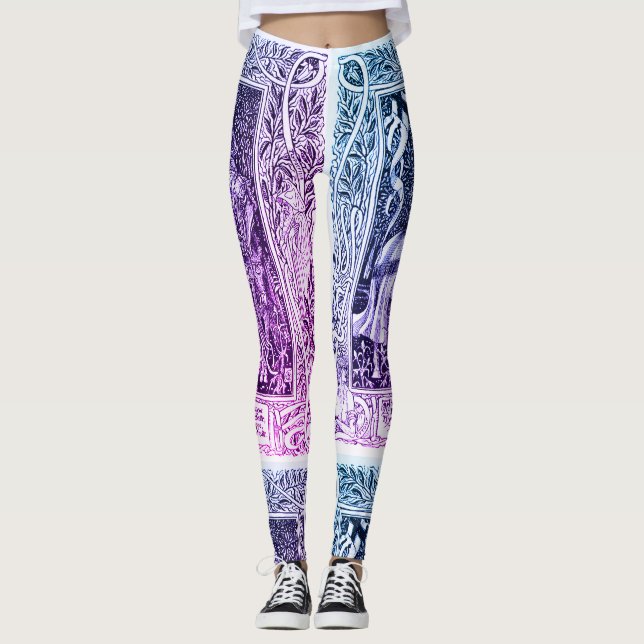 Medieval Lady,Knight Horseback Purple Blue White Leggings (Front)