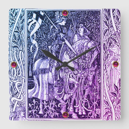 MEDIEVAL LEGENDS Lady And Knight Horseback Floral Square Wall Clock