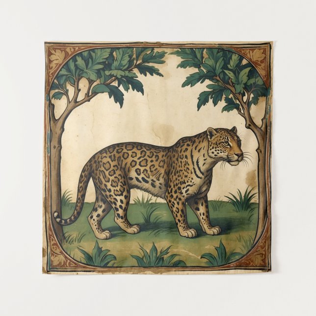 Medieval Leopard with Trees Nature Art Tapestry (Front)