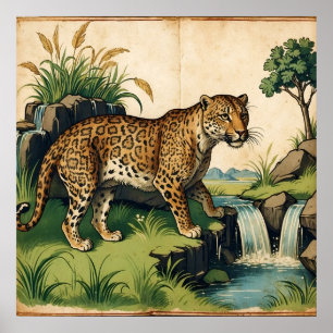 Medieval Leopard with Waterfall Nature Art Poster