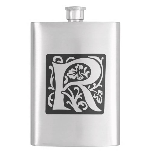 Medieval Letter R Monogram Black and White Flask