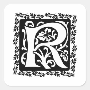 Medieval Letter R Monogram Black and White Square Sticker