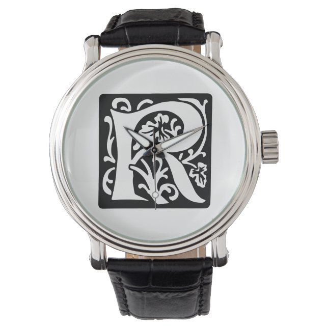 Medieval Letter R Monogram Black and White Watch (Front)