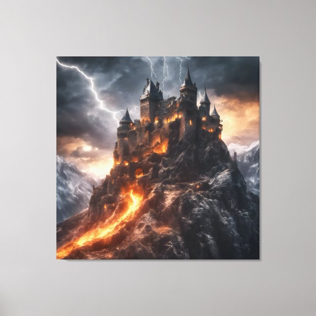 Medieval Lightning Mountain Lava Castle Canvas Print (Front)
