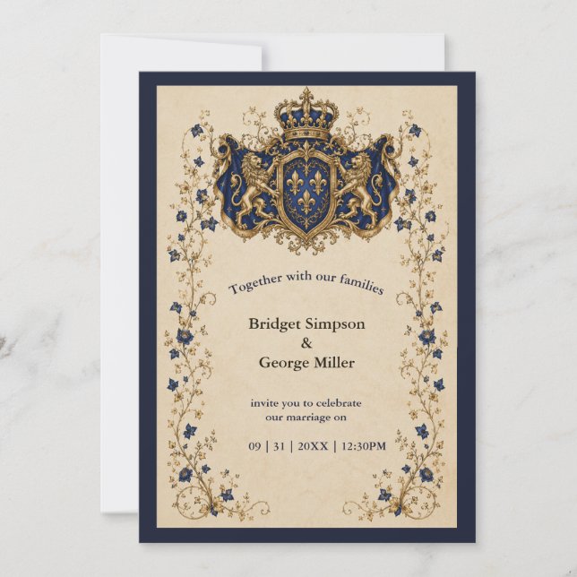Medieval lion crest Botanical Wedding Invitation (Front)