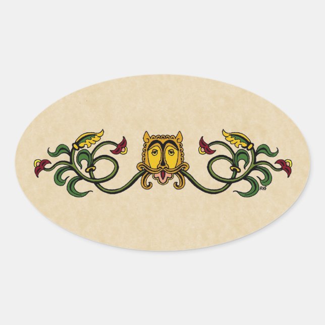 Medieval Lion Design Oval Sticker (Front)
