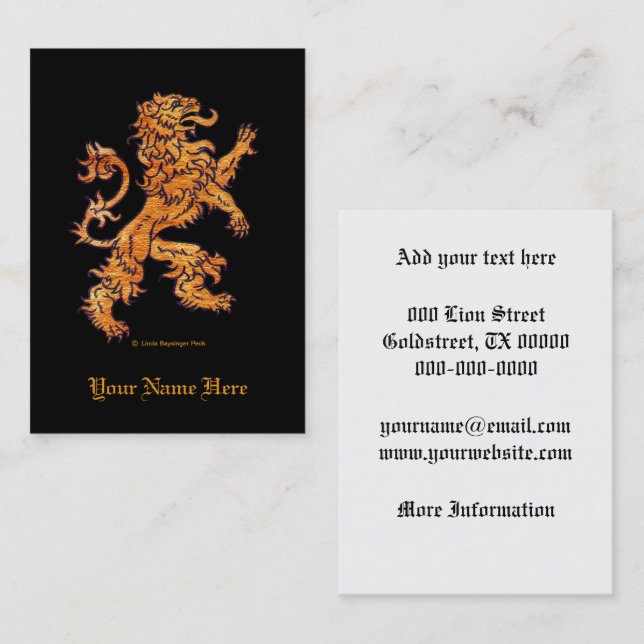 Medieval Lion on Black Business Card (Front/Back)