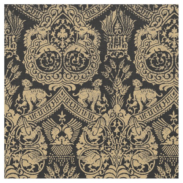 Medieval Lions, Birds And Dragons Pattern Fabric (Close Up)