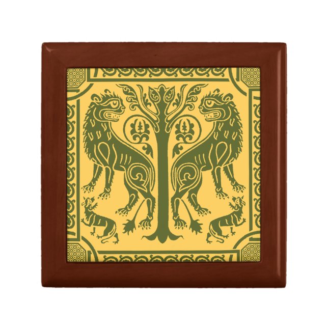 Medieval Lions & Tree Wooden Jewelry Keepsake Box (Front)