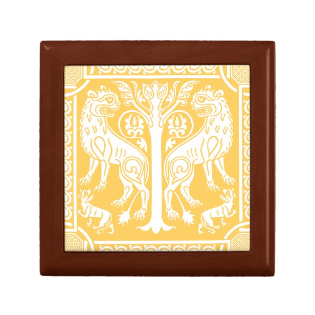 Medieval Lions & Tree Wooden Jewelry Keepsake Box (Front)