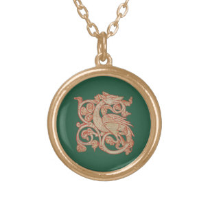 Medieval Manuscript Dragon Gold Plated Necklace