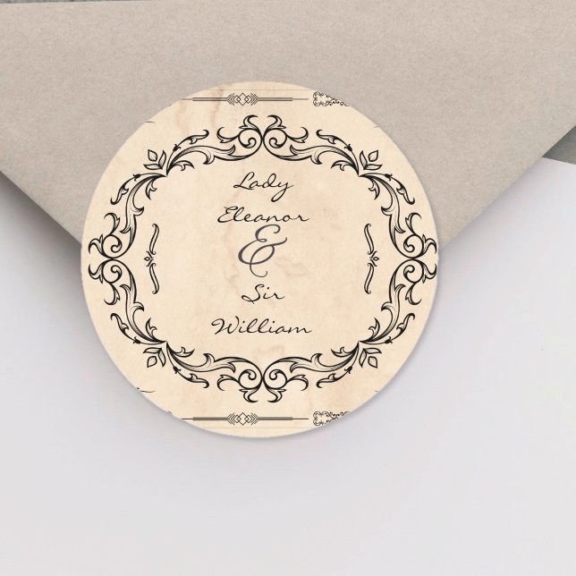 Medieval Manuscript Elegant Wedding Classic Round Sticker (Medieval Manuscript Elegant Wedding Classic Round Sticker)