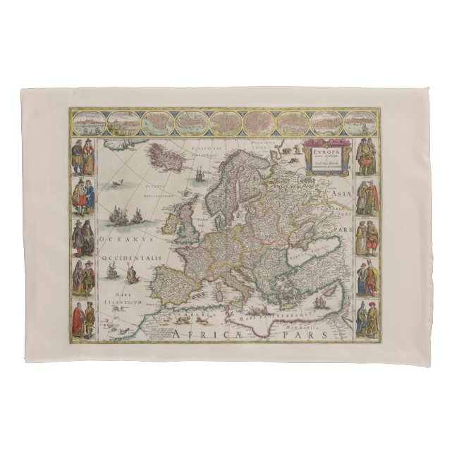 Medieval Map of Europe (by Willem Blaeu)  Pillow Case (Front-Left)