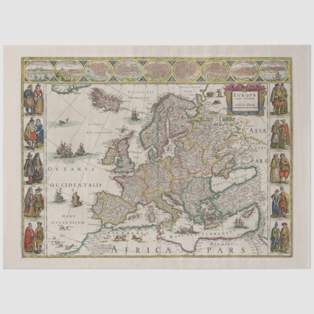 Medieval Map of Europe (by Willem Blaeu) Tissue Paper (Front)