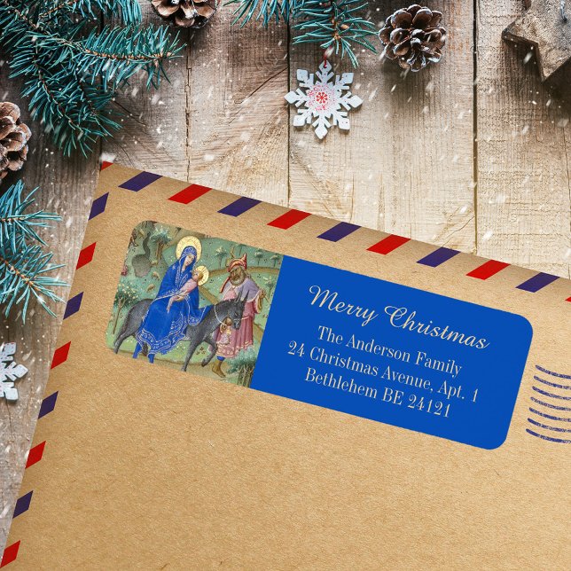 Medieval Merry Christmas Fligh Egypt Holy Family Label (Vintage Medieval Manuscript Merry Christmas Fligh into Egypt Holy Family Return Address Label)