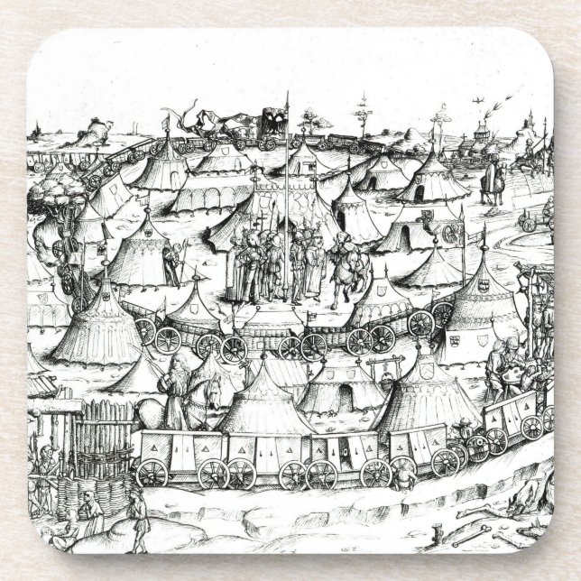 Medieval military encampment, from a book, pub. 18 drink coaster (Front)