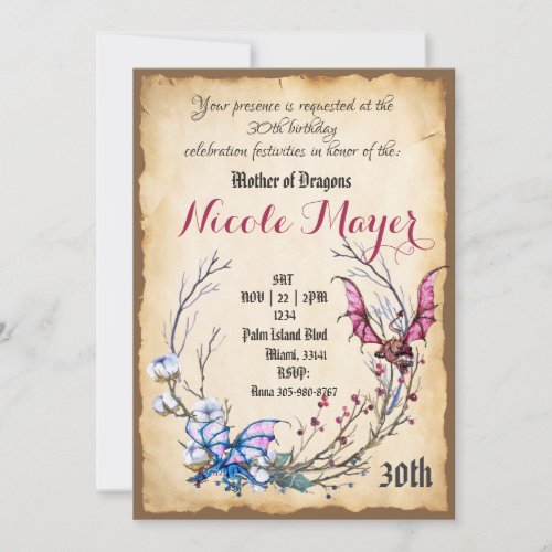 Medieval Mother of Dragon 30th Birthday Invitation