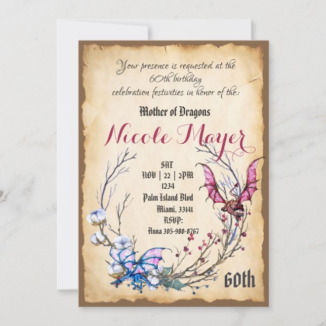 Medieval Mother of Dragon 60th Birthday Invitation (Front)
