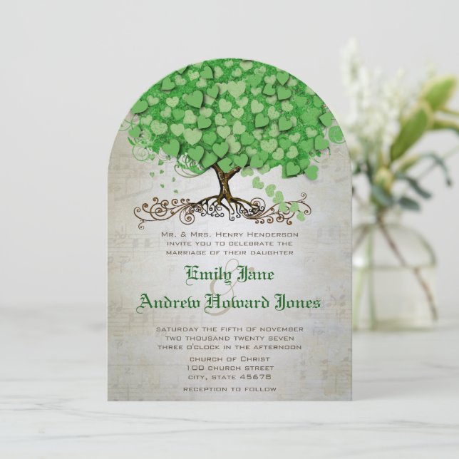 Medieval Musical Emerald Heart Leaf Tree Wedding  Invitation (Standing Front)