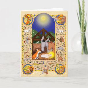 Medieval nativity with corgi Christmas card