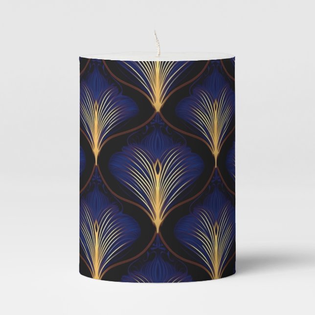 Medieval Navy with Gold Feathers  Pillar Candle (Front)