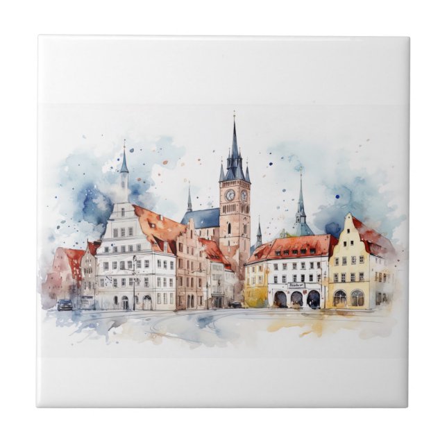 Medieval old city watercolor ceramic tile (Front)