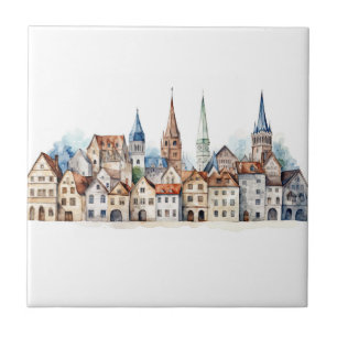 Medieval old city watercolor ceramic tile