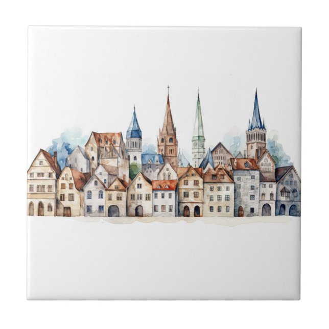 Medieval old city watercolor ceramic tile (Front)