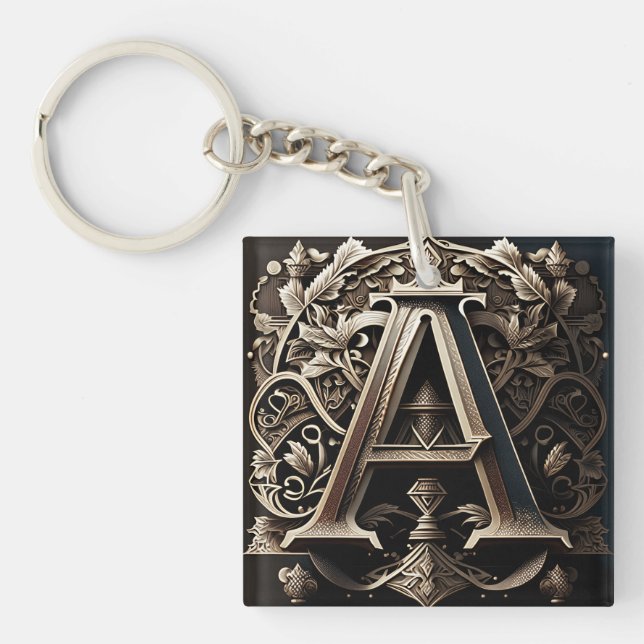 Medieval Ornamental Floral Letter A  Keychain (Front)