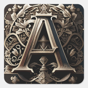 Medieval Ornamental Floral Letter A Square Sticker