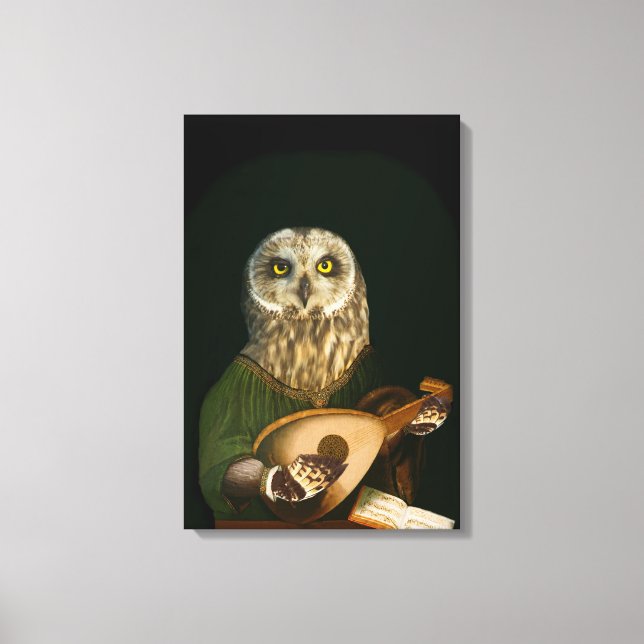 Medieval Owl Plays the Lute - Anthropomorphic Art Canvas Print (Front)